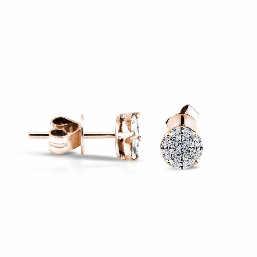 Pendientes con racimo de diamantes talla princesa y marquesa en oro rosa de 14k