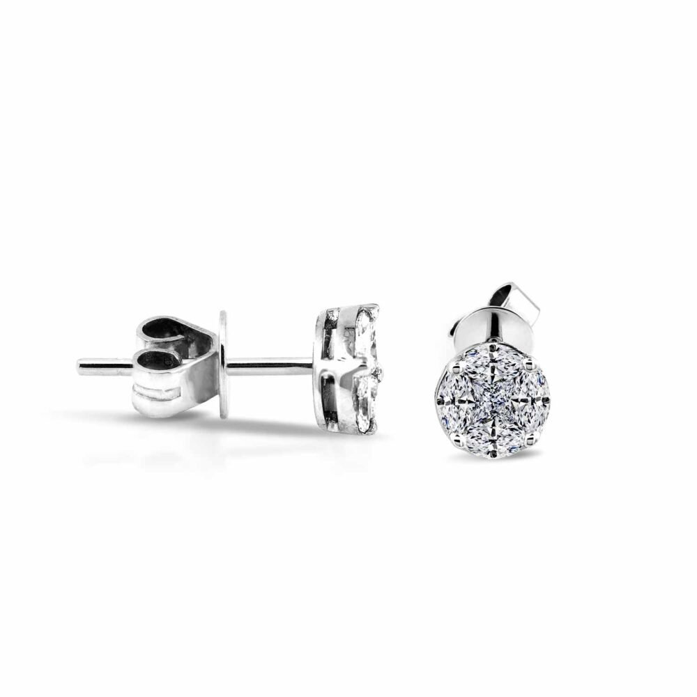 Boucles d'oreilles en or blanc 14k avec diamants princesses et marquises en grappe