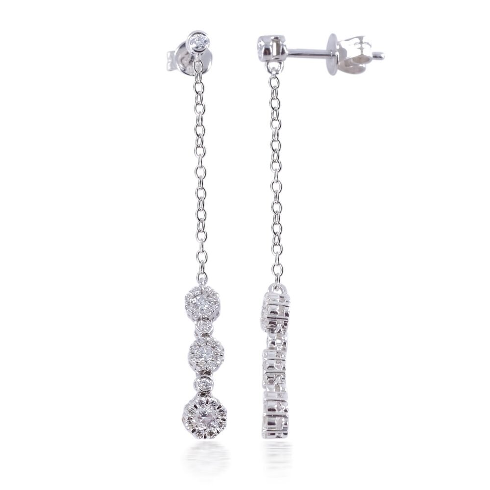 Round Brilliant Diamond Chain Drop Cluster Stud Earrings in 14k White Gold