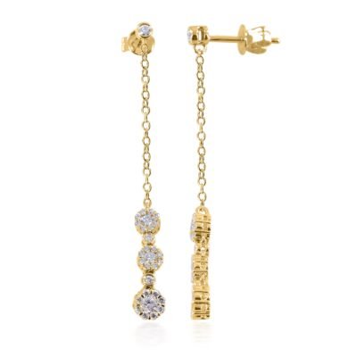 Round Brilliant Diamond Chain Drop Cluster Stud Earrings in 14k Yellow Gold