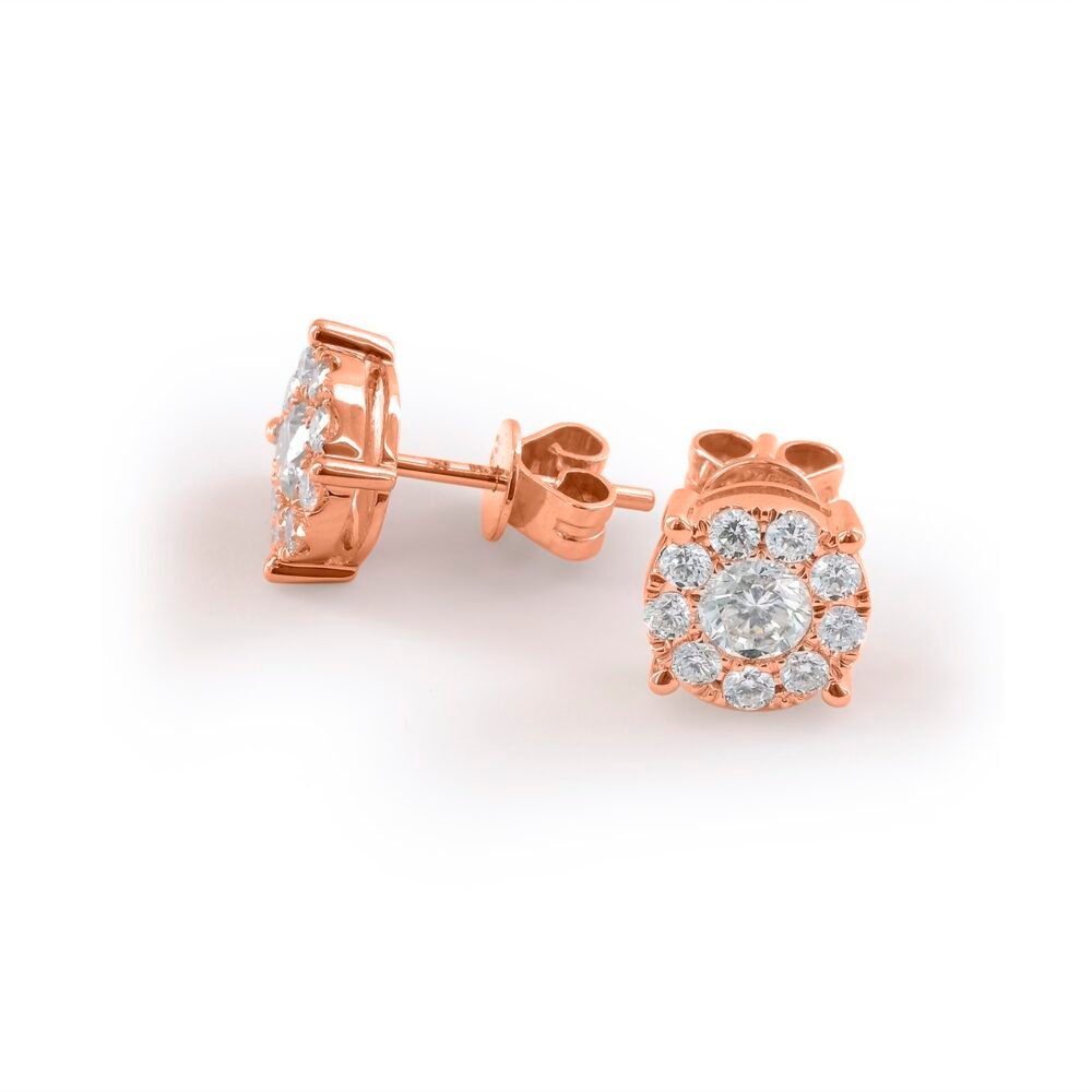 Round Brilliant Diamond Cluster Stud Earrings in 14k Rose Gold