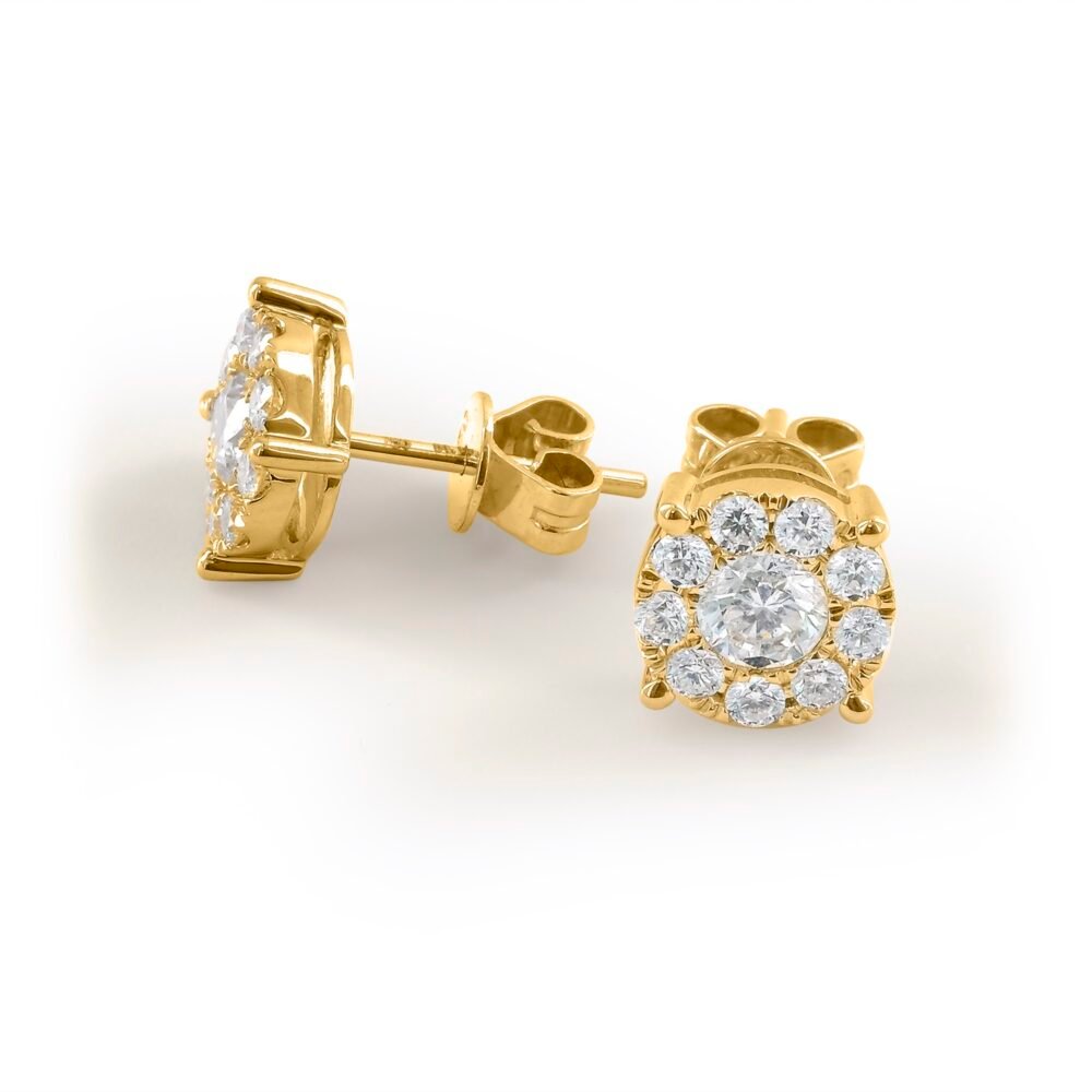 Round Brilliant Diamond Cluster Stud Earrings in 14k Yellow Gold