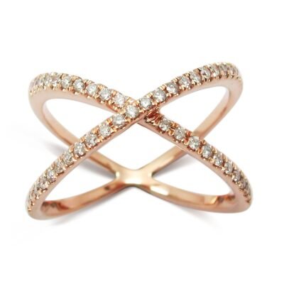 Inel rotund cu diamante strălucitoare Criss Cross în aur roz 14k
