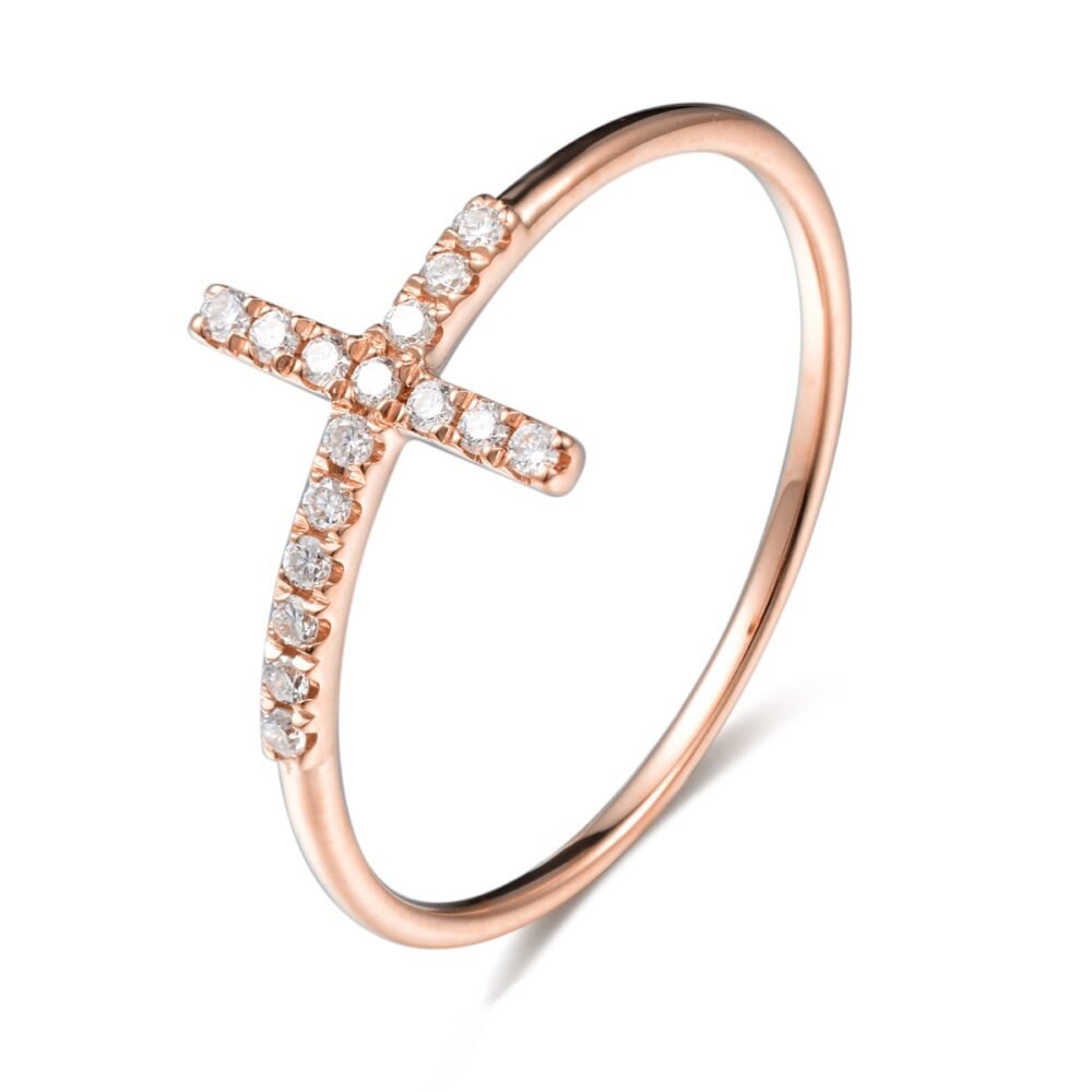 Round Brilliant Diamond Cross Ring in 14k Rose Gold