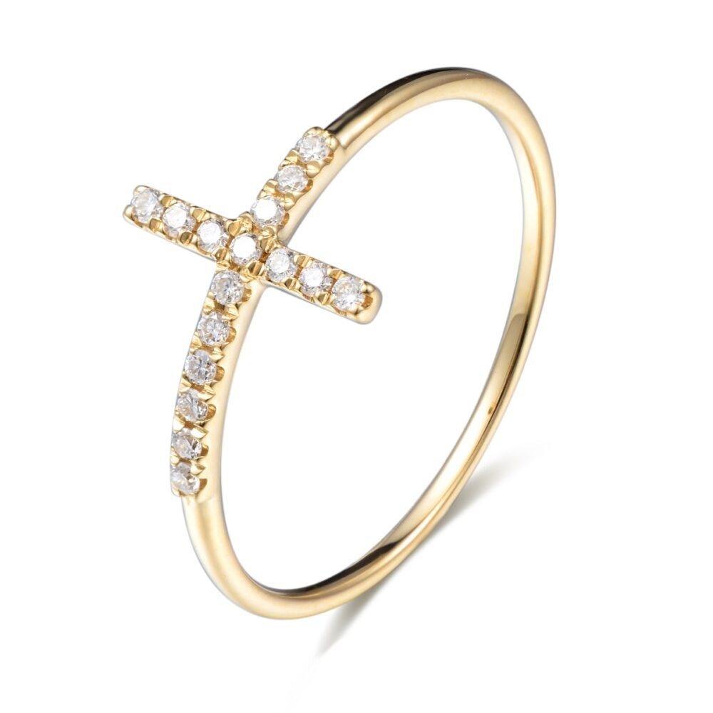 Round Brilliant Diamond Cross Ring in 14k Yellow Gold