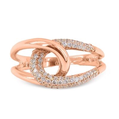 Anel pavé de diamante brilhante redondo com laço duplo em ouro rosa de 14k