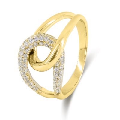 Inel cu diamant rotund strălucitor cu buclă dublă Pavé din aur galben de 14k