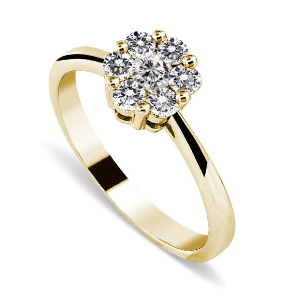Okrągły brylantowy pierścionek z kwiatowym klastrem z 14-karatowego żółtego złota
