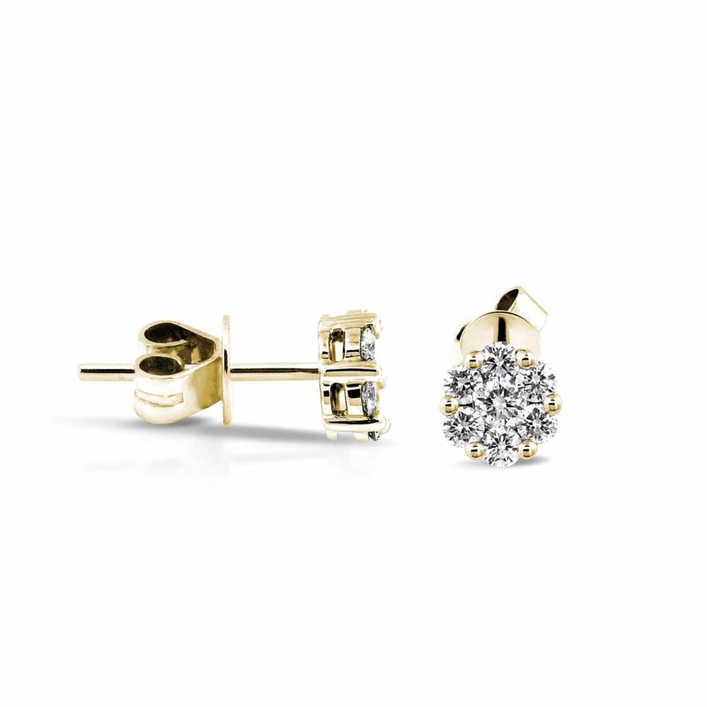 Orecchini con diamante tondo brillante a grappolo floreale in oro giallo 14 ct.