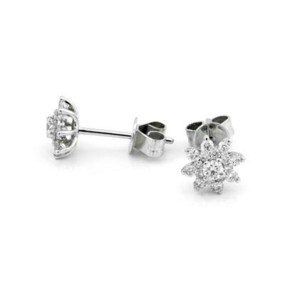 Round Brilliant Diamond Flower Cluster Stud Earrings in 14k White Gold