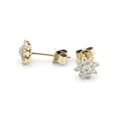 Boucles d'oreilles en or jaune 14k avec fleurs et diamants ronds et brillants