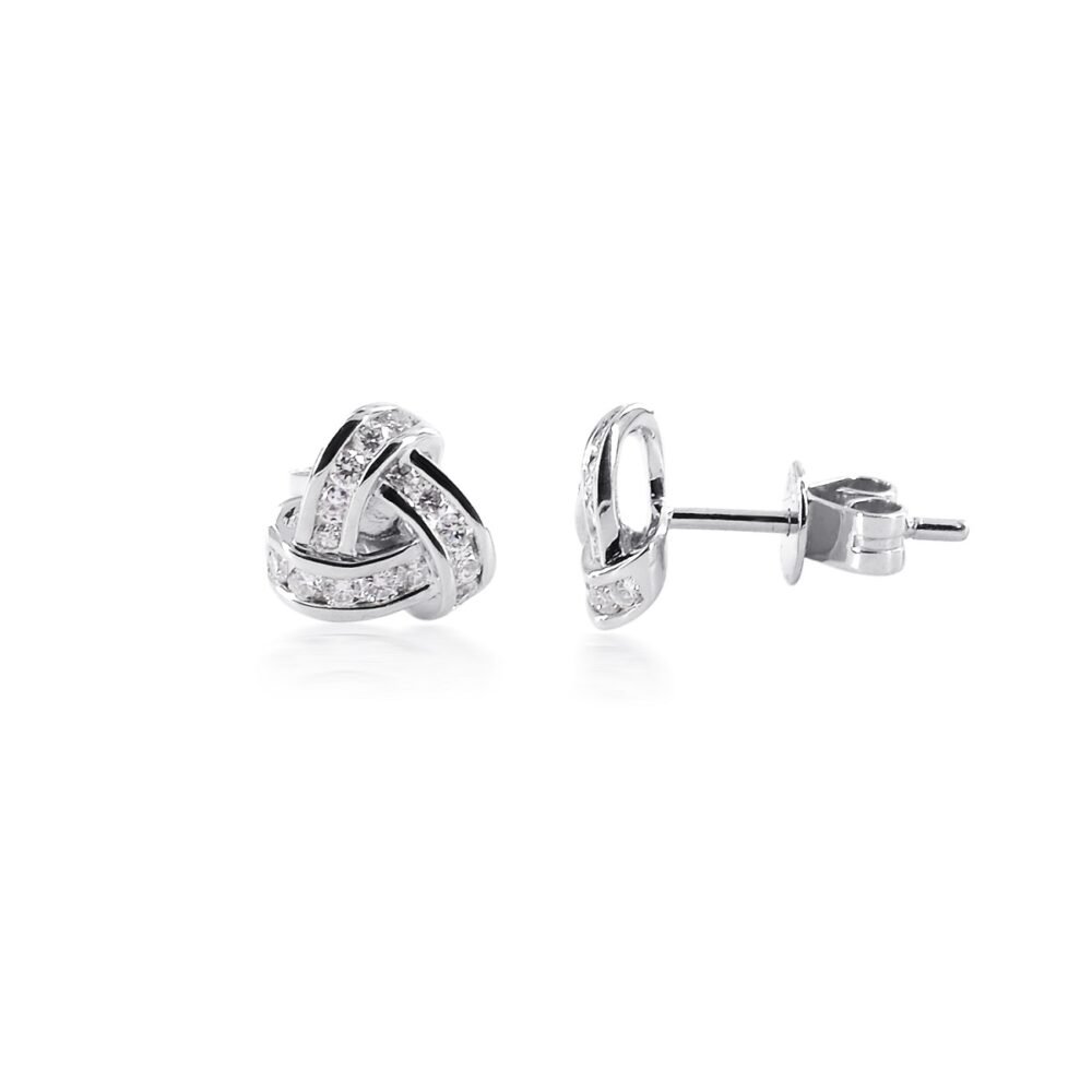 Round Brilliant Diamond Love Knot Stud Earrings in 14k White Gold