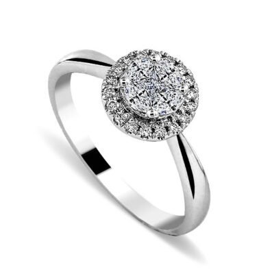 Кръгъл диамантен пръстен с брилянтен ореол, принцеса и марциз в 14-каратово бяло злато