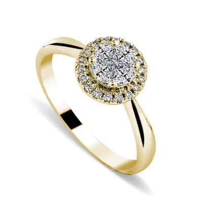 Okrúhly briliantový prsteň Halo s princeznou a markízovým brusom v 14-karátovom žltom zlate