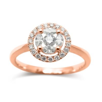 Inel de cluster cu diamante rotunde, strălucitoare și cu diamante tăiate în formă de marchiză în aur roz de 14k