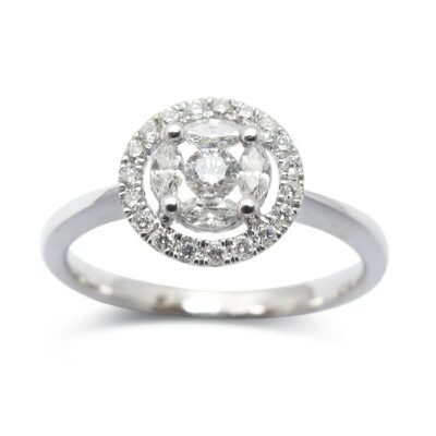 Kerek briliáns és marquise csiszolású gyémánt halo klaszter gyűrű 14k fehér aranyból