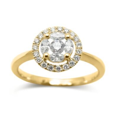 Halo-klyngering med runde brillanter og marquiseslebne diamanter i 14 k gult guld