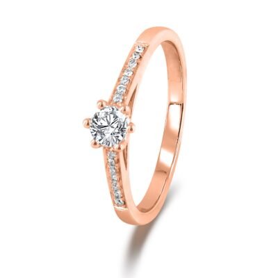 Six-Prong Round Brilliant Diamond Cathedral Ring in 14k Rose Gold with Diamond Band