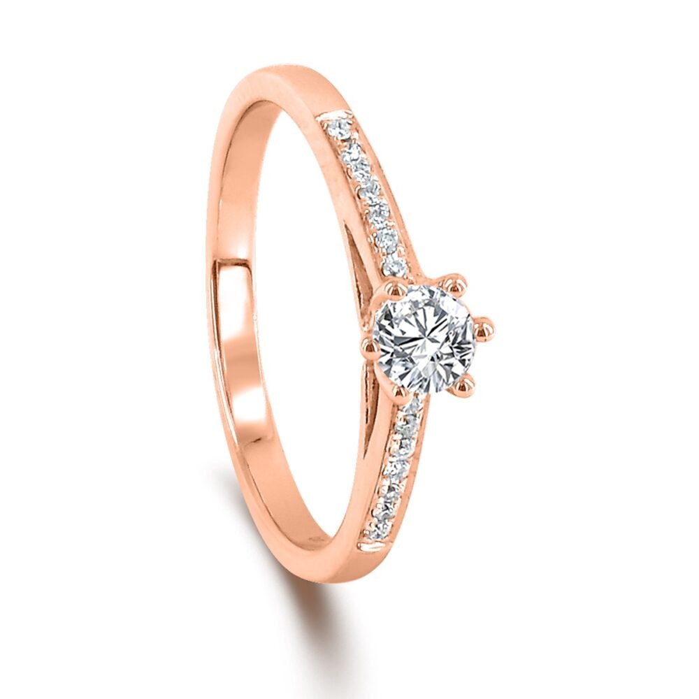 Six-Prong Round Brilliant Diamond Cathedral Ring in 14k Rose Gold with Diamond Band