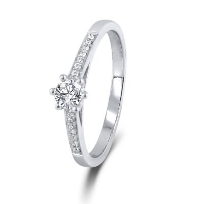 Six-Prong Round Brilliant Diamond Cathedral Ring in 14k White Gold with Diamond Band