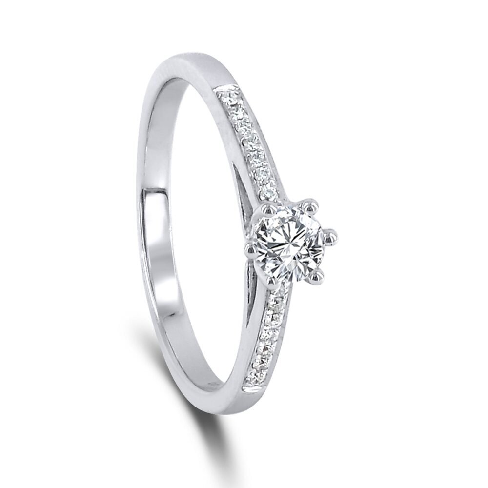 Six-Prong Round Brilliant Diamond Cathedral Ring in 14k White Gold with Diamond Band