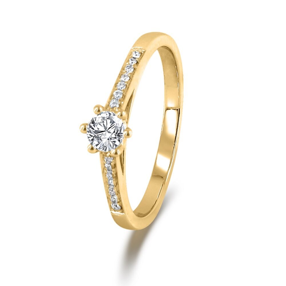 Anillo Catedral de Diamantes Brillantes Redondos de Seis Puntas en Oro Amarillo de 14k con Banda de Diamantes