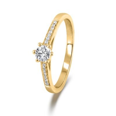 Six-Prong Round Brilliant Diamond Cathedral Ring in 14k Yellow Gold with Diamond Band