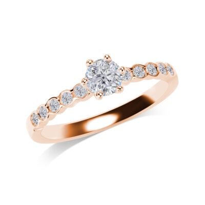 Six-Prong Round Brilliant Diamond Ring in 14k Rose Gold with Half Eternity Bezel Set Band