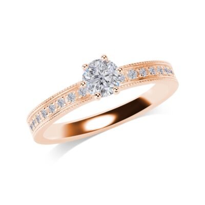 Anillo de diamantes brillantes redondos de seis puntas en oro rosa de 14k con banda milgrain de media eternidad