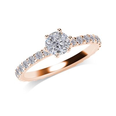 Six-Prong Round Brilliant Diamond Ring in 14k Rose Gold with Scallop Set Eternity Band