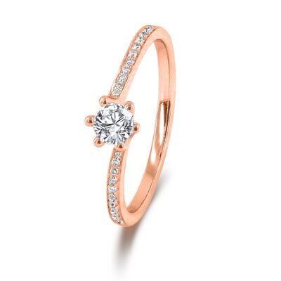 Anillo de diamantes brillantes redondos de seis puntas en oro rosa de 14k con banda de diamantes trenzada