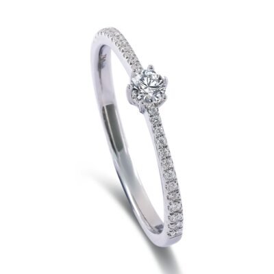 Six-Prong Round Brilliant Diamond Ring in 14k White Gold with Diamond Band