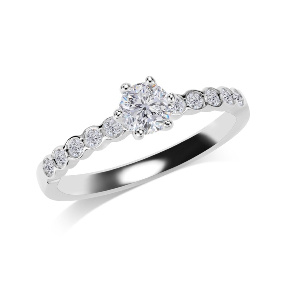 Six-Prong Round Brilliant Diamond Ring in 14k White Gold with Half Eternity Bezel Set Band