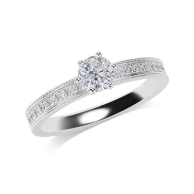 Six-Prong Round Brilliant Diamond Ring in 14k White Gold with Half Eternity Milgrain Band