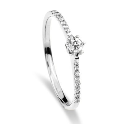 Six-Prong Round Brilliant Diamond Ring in 14k White Gold with Pavé Band
