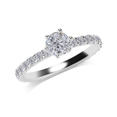 Six-Prong Round Brilliant Diamond Ring in 14k White Gold with Scallop Set Eternity Band