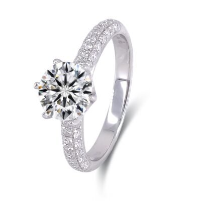 Six-Prong Round Brilliant Diamond Ring in 14k White Gold with Three Row Pavé Band