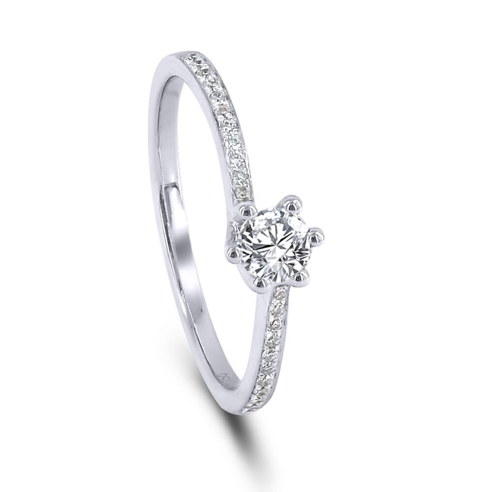 Six Prong Round Brilliant Diamond Ring in 14k White Gold with Twisted Diamond Band 2