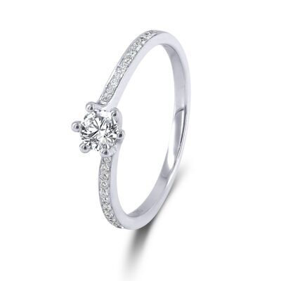 Six-Prong Round Brilliant Diamond Ring in 14k White Gold with Twisted Diamond Band