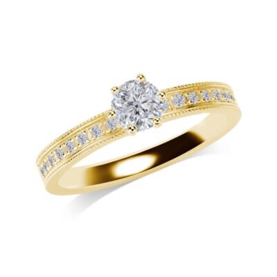 Six-Prong Round Brilliant Diamond Ring in 14k Yellow Gold with Half Eternity Milgrain Band