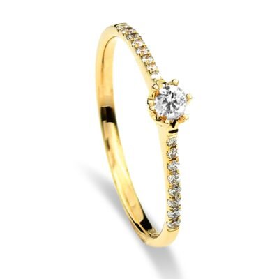 Six-Prong Round Brilliant Diamond Ring in 14k Yellow Gold with Pavé Band