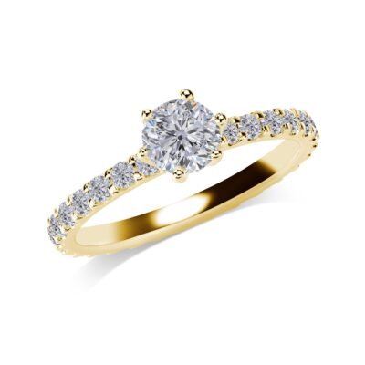 Six-Prong Round Brilliant Diamond Ring in 14k Yellow Gold with Scallop Set Eternity Band