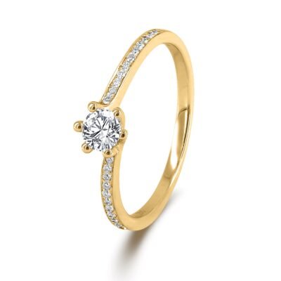 Six-Prong Round Brilliant Diamond Ring in 14k Yellow Gold with Twisted Diamond Band