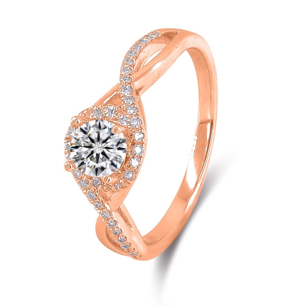 Runder Brillant-Diamantring mit geteiltem Schaft aus 14k Rose Gold mit Diamant und einfarbigem Band