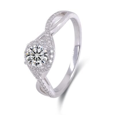 Inel cu diamant rotund strălucitor cu tijă despicata din aur alb de 14k, cu diamant și bandă simplă