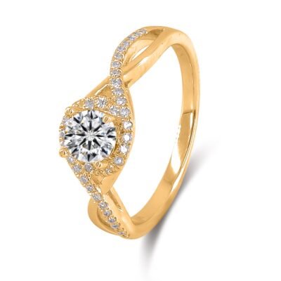Inel cu diamant rotund strălucitor cu tijă despicata din aur galben de 14k, cu diamant și bandă simplă