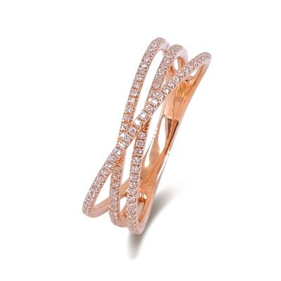 Crossover-ring med tre rader runda briljantdiamanter i 14k roséguld