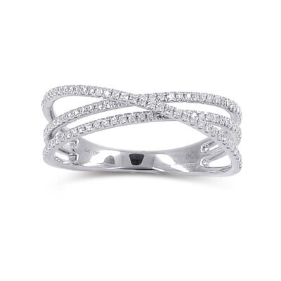 Crossover-ring med tre rader runda briljantdiamanter i 14k vitguld