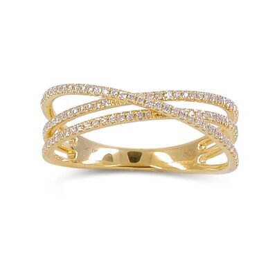 Three Row Round Brilliant Diamond Crossover Ring in 14k Yellow Gold